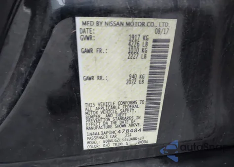 2017 Nissan Altima 2.5 S z USA, uszkodzony, nr VIN 1N4AL3AP1HC478484